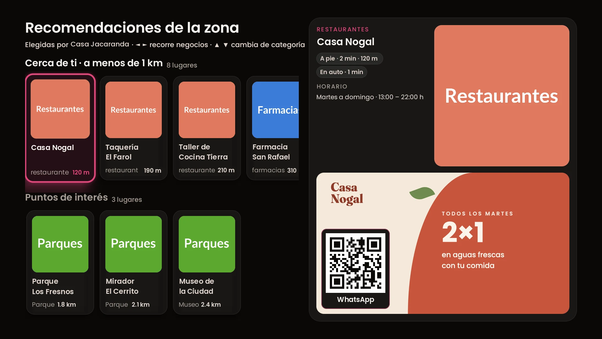 Pantalla de Recomendaciones de la zona: negocios cercanos por categoría y, a la derecha, la ficha de uno con su promoción y el código para escribirle por WhatsApp.